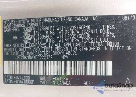 2013 Lexus Rx 350 из США, поврежденный, VIN 2T2BK1BAXDC222177